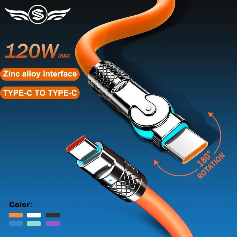 120W 6A USB C to C Fast Charging Cable 180° Rotating Elbow Silicone 1M 2M gallery