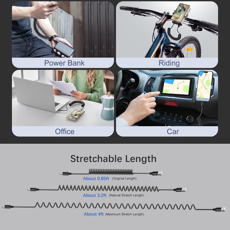 Coiled USB Cable for Car, 3ft Retractable Car Charger Fast Charging Cord 60W ... gallery