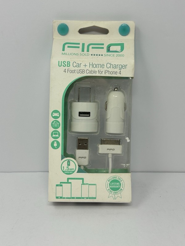 NEW Fifo USB Car & Home Charger 4ft cable White For IPhone 4