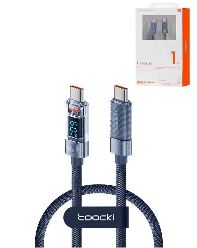 Toocki USB C-C Super Fast Charging Data Cable with Display (BLUE) (100W) (3ft)