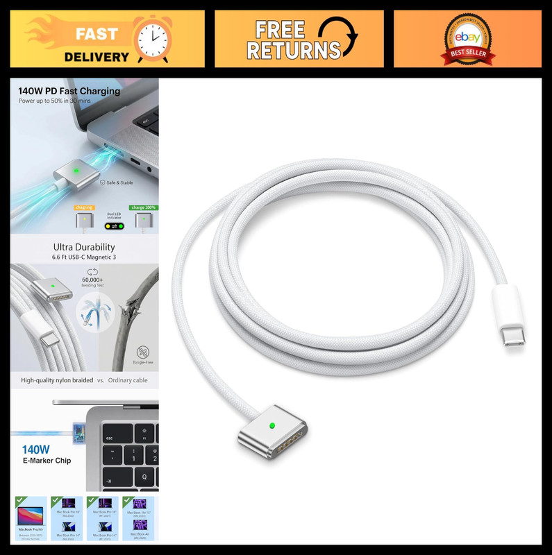 6.6ft USB-C Magnetic Charging Cable, 140W PD Fast Charge, Nylon Braided, Compati