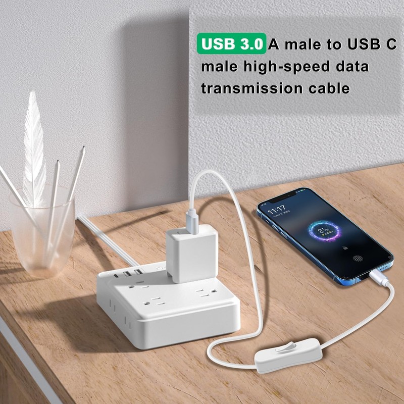 1 PC USB A 3.0 To USB C Cable With Switch 5Gbps Charging Data White 0.6m Cord gallery