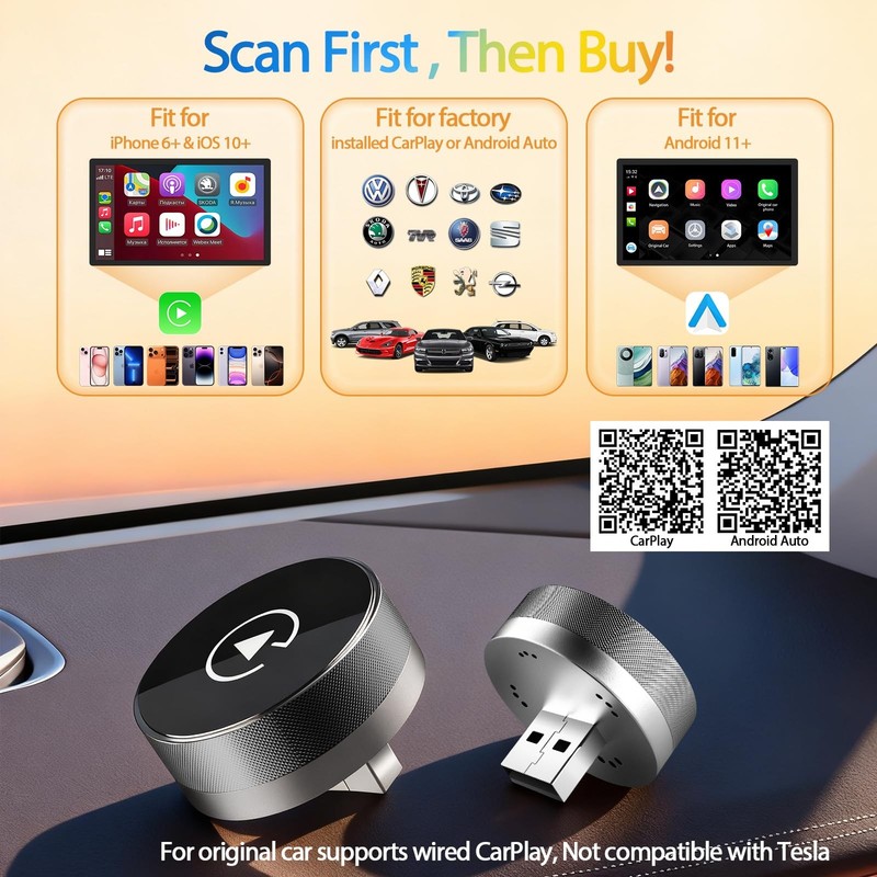 2-in-1 Wireless CarPlay Adapter for Apple iPhone & Android, Plug & Play, Auto... gallery