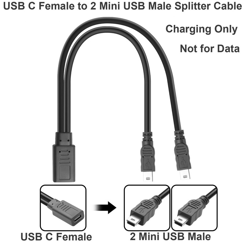 2x USB C Female to 2 Dual Mini USB Male Splitter Charging Charger Adapter Cable gallery