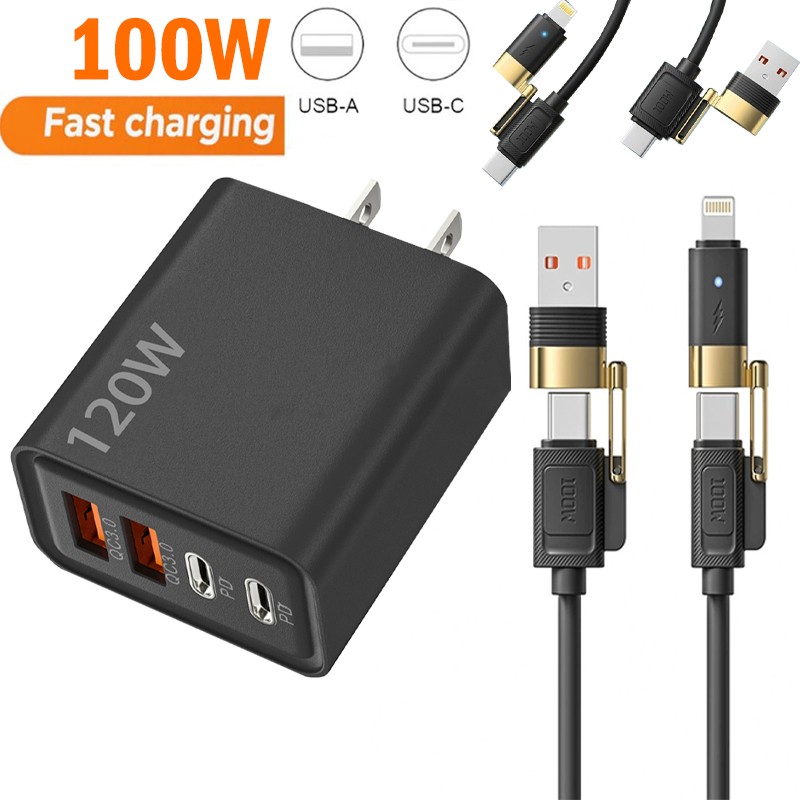 4-In-1 100W Super Fast Charging Cable Charger Data Cord Usb-C For iPhone Samsung