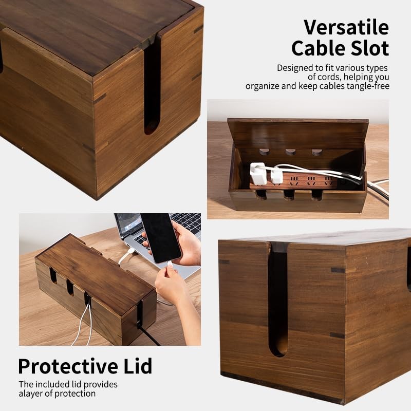 Large Cable Management Box, Wooden Cord Hider Desk Organizer, Power Brown gallery