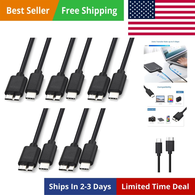 5-Pack External Hard Drive Cable, USB 3.0 Micro B to USB C Data Cord for Seag…