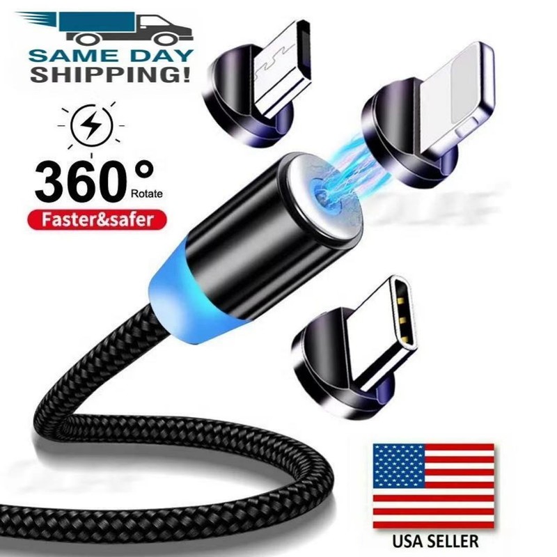 3 IN 1 Magnetic Cable USB Charging Cable Nylon Led iPhone Micro USB Type C