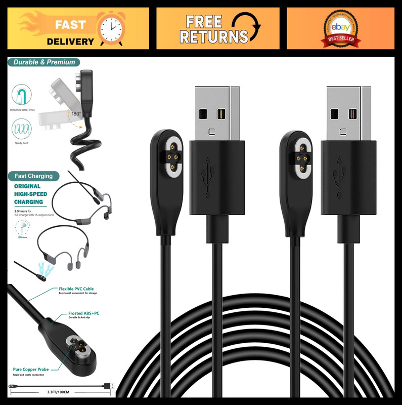 3.3FT Magnetic USB Charging Cable for Bone Conduction Headphones – Durable Repla