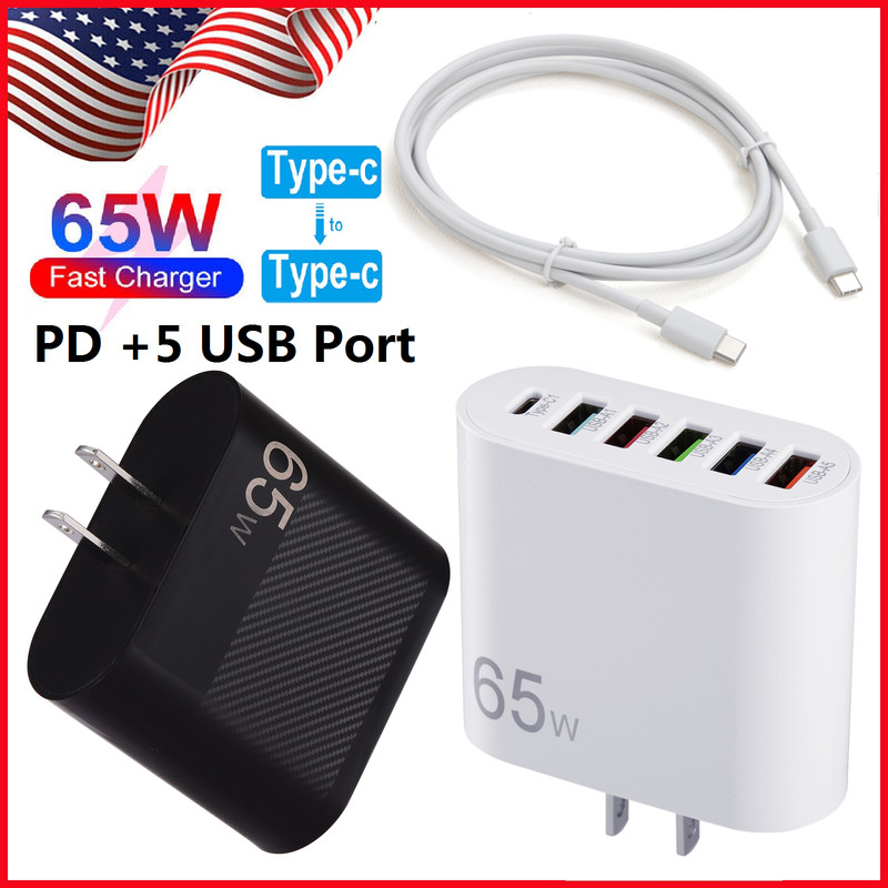 65W 6-Port USB Fast Wall Charger PD QC3.0 Adapter Quick Charge Cable for Samsung