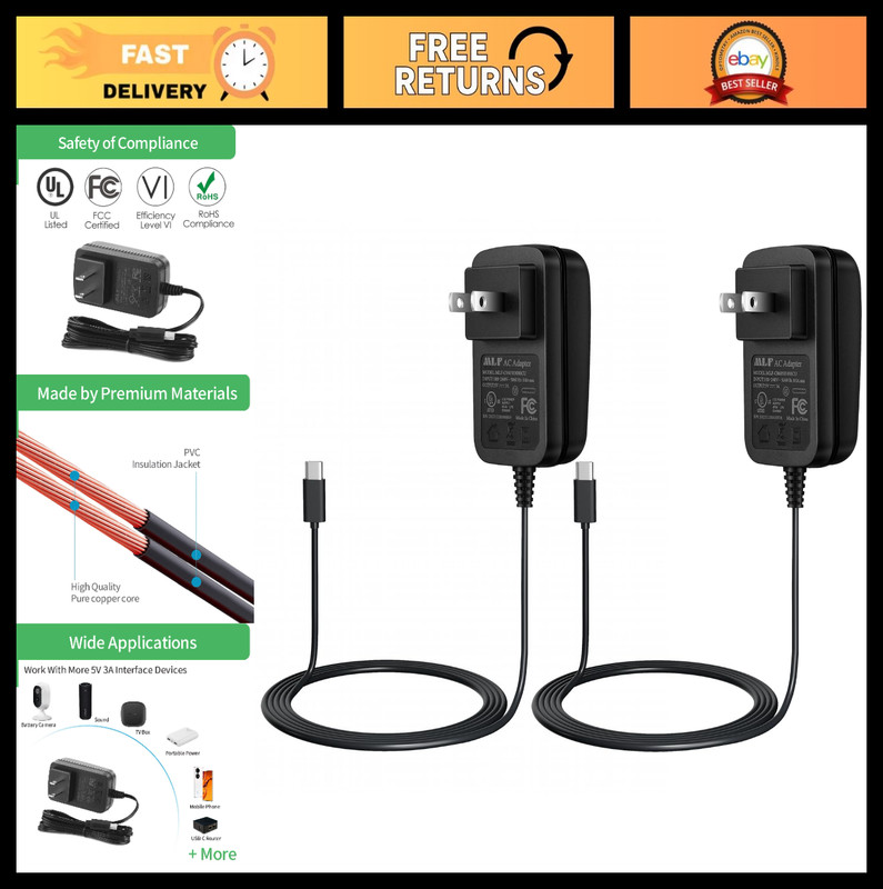 2-Pack 5V 3A USB-C Power Adapter, Type-C Charger for Camera, TV Box, Router, Mob