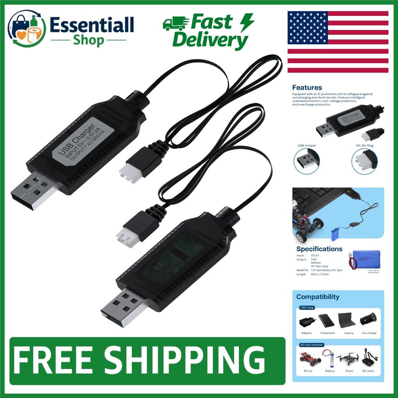 Efficient 2X USB Charger Cable for 7.4V LiPo Batteries—Compact & Rugged Design