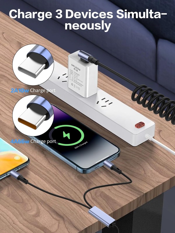 2 in 1 Coiled USB Charging Cable 90 Degree Fast Charger Spring 2 Type C Cord gallery