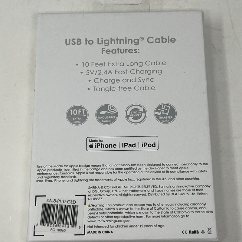 USB To Apple Ports Cable 10 Feet, Gold Fast Charging For iPhone, iPad, iPod New gallery
