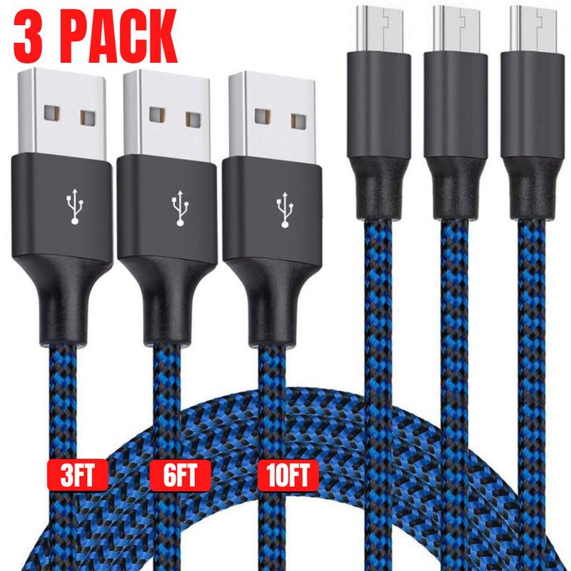 3 Pack 3/6/10Ft Lot Micro USB Cable Fast Charge Charger For Samsung Android LG