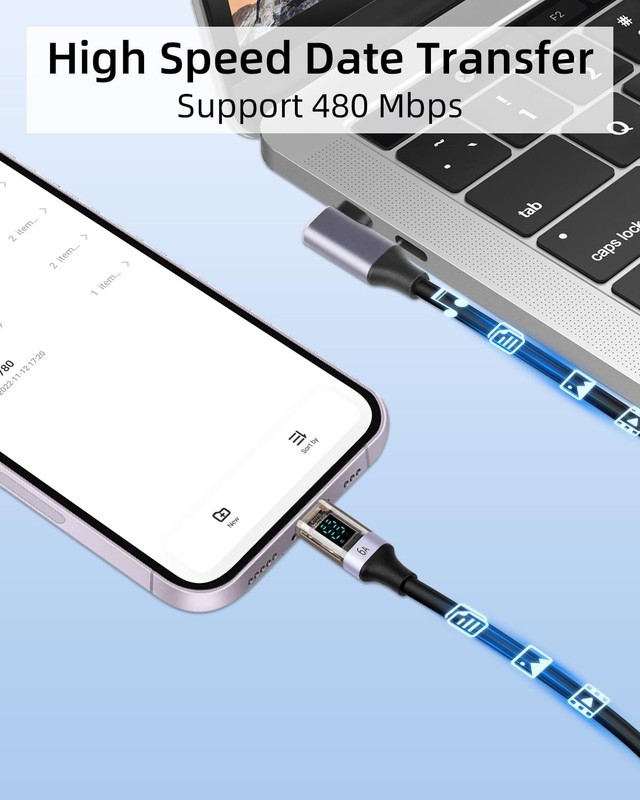 Coiled USB to USB C Cable with LED Display, 90 Degree 66W Fast Charging Retra... gallery