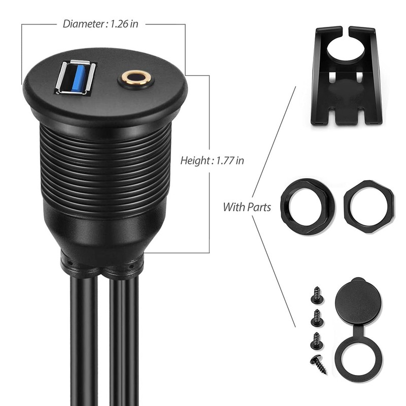 1M 3ft 3.5mm & USB 3.0 AUX Extension Mount Flush Cable, Dash & Panel Mount Ca... gallery