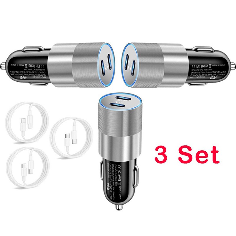 3X Fast Car Charger Adapter Type C Cable Braided 40W PD For iPhone 16 15 Samsung