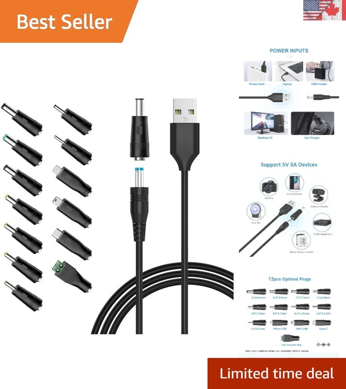 5ft USB to DC Power Cable for 5V Devices – 13 Adapters, Tangle-Free Convenience