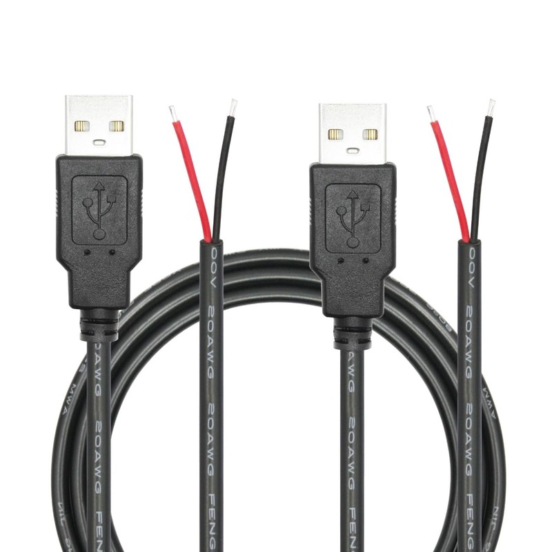 USB A Male 2 Pin Bare Wire 1M/3FT 20AWG 5V/5A Pigtail Open End Power 2 PCS