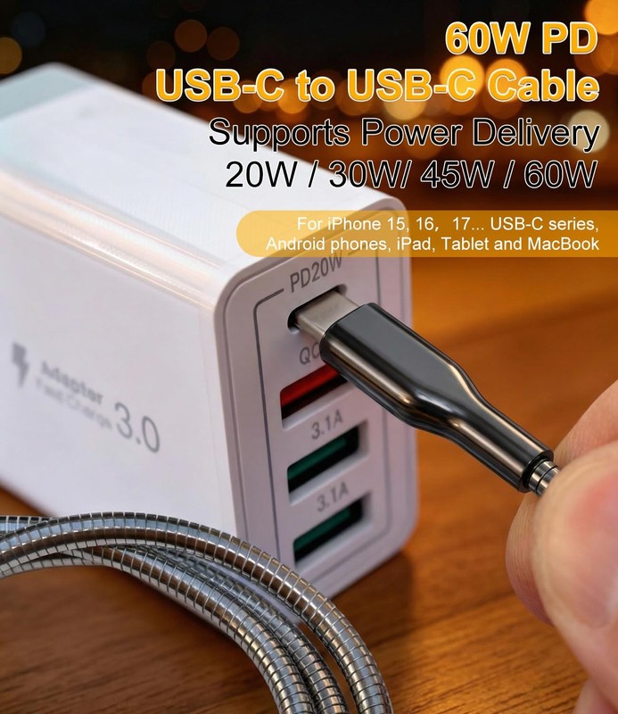 Chew Proof USB C Cable Metal Braided 6.6ft - 60W PD USBC Fast Charging Cable ... gallery