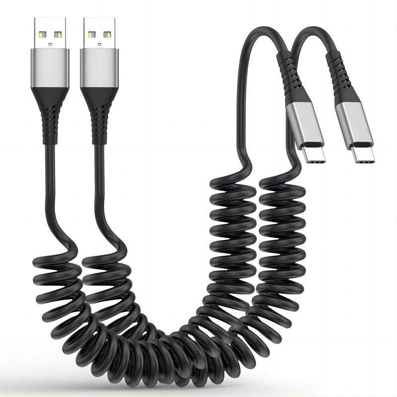Coiled USB A to C Cable for Car, 2 Pack Type C Charger Fast 3FT, Black