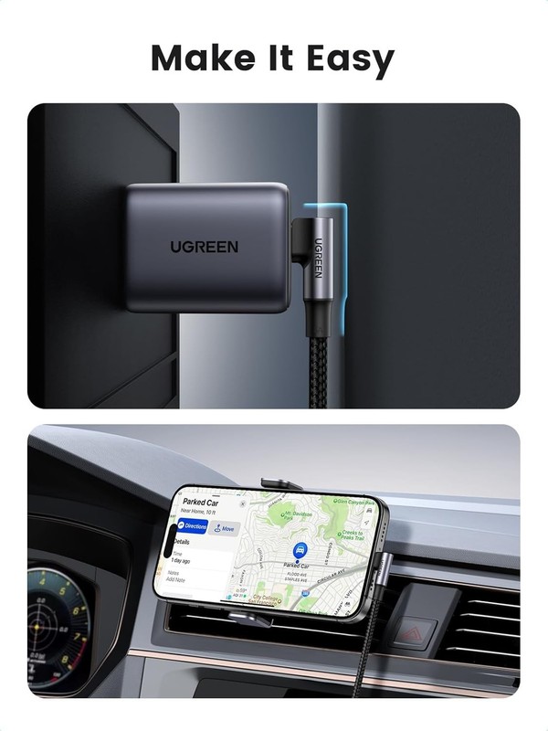 Right Angle USB C to USB C Cable, 100W Fast Charging, Nylon Braid, Black, 3.3Ft gallery