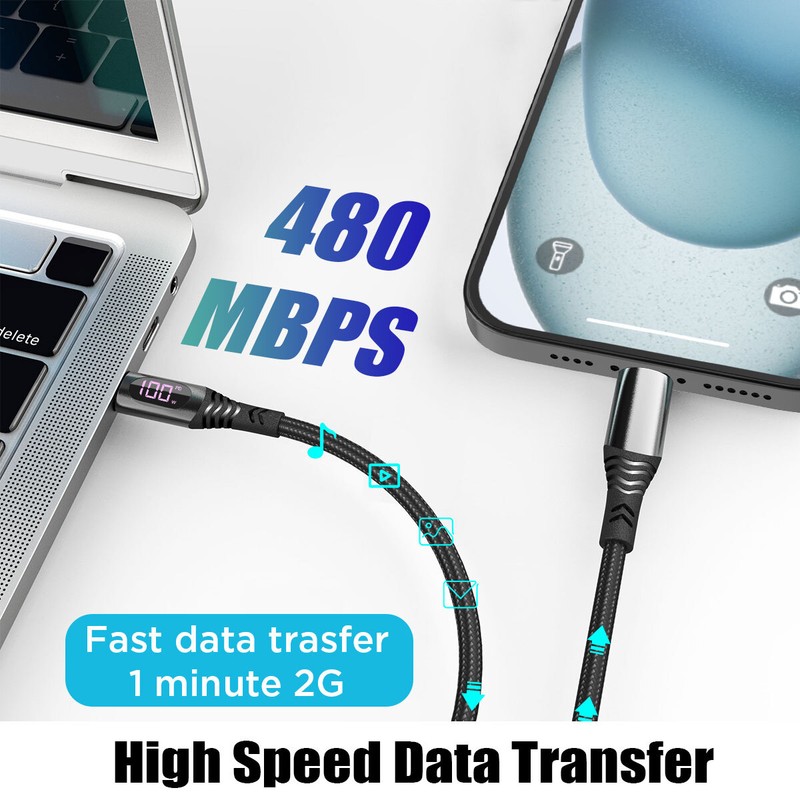 LED Display 100W (5A) Braided USB C To USBC Charger Cord PD Fast Charging Cable gallery