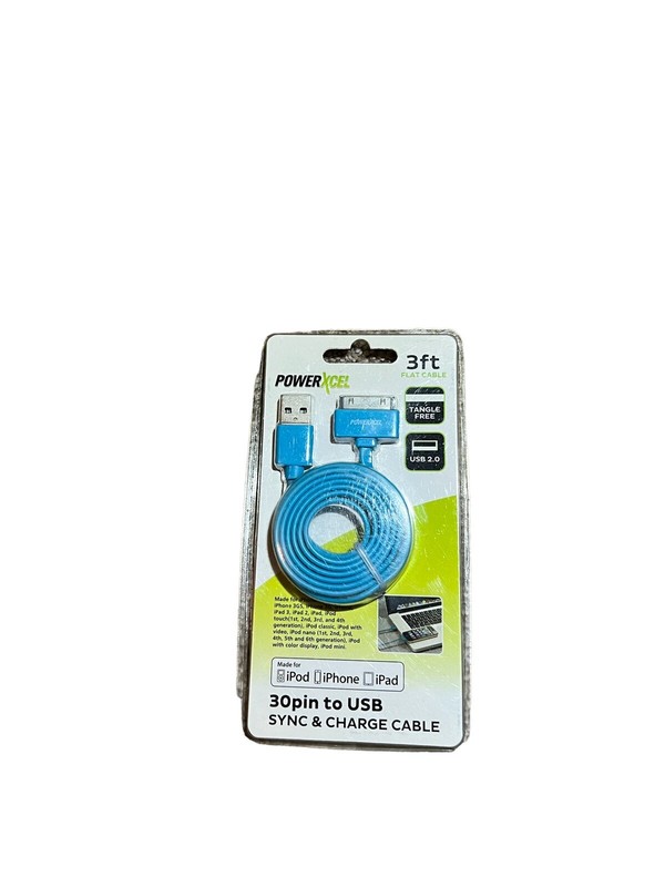PowerXcel BLUE 30pin to USB Sync & Charge Cable 3 ft For iPod iPad iPhone