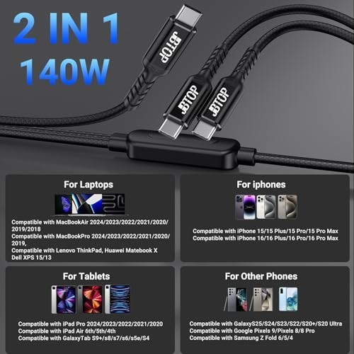 6ft USB C Cable 140W Fast Charging, 2-in-1 Type-C to USB C for iPhone, MacBook, gallery