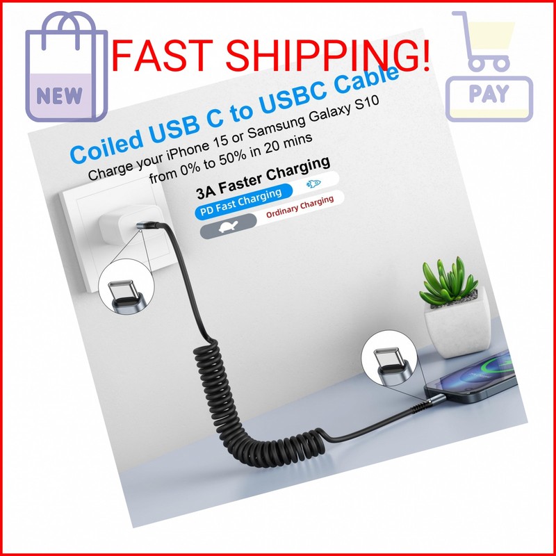 USB C to C Cable 3ft 2Pack Coiled USB C Charger Cable for Car Type C Fast Chargi gallery