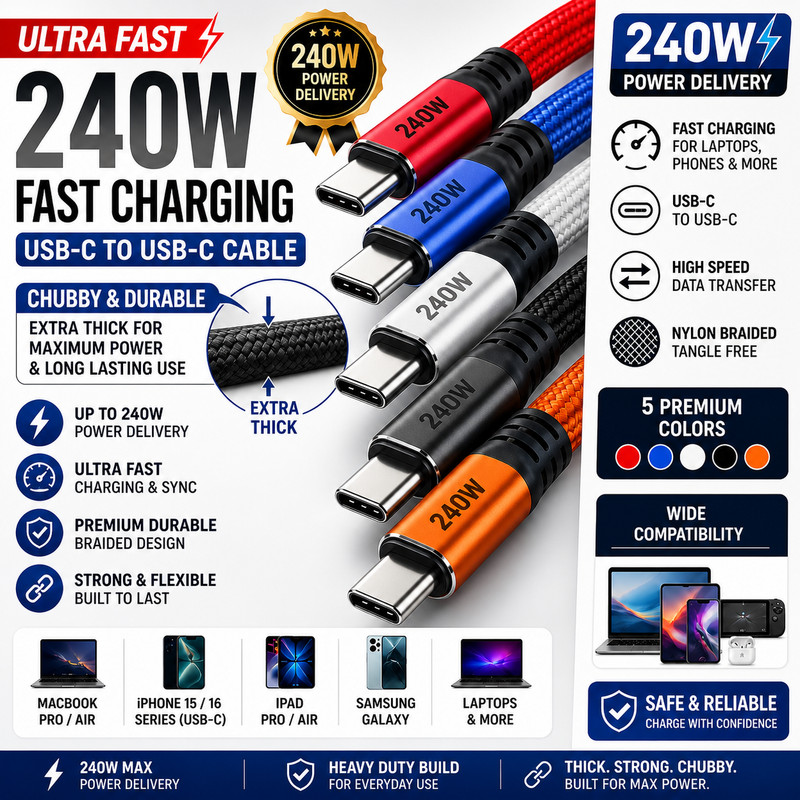 240W USB-C FAST CHARGING CABLE 6FT TYPE-C PD CORD IPHONE 15 SAMSUNG LAPTOP NYLON