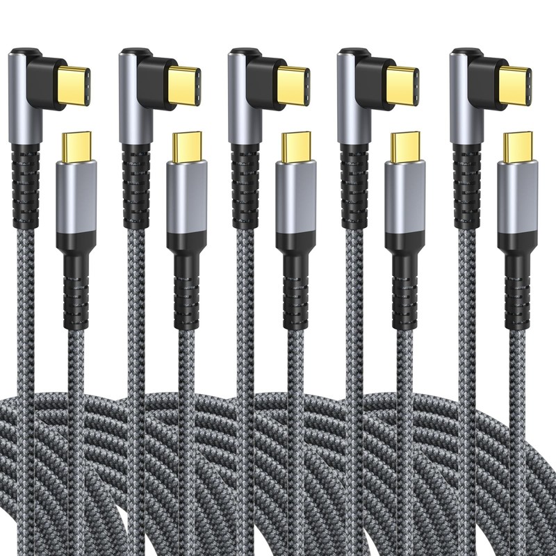 5 Pack 90 Degree USB C Cable 10ft Right Angle Type C Charging Cord Grey Wire