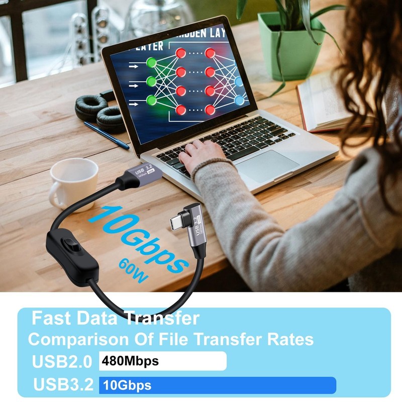 90 Degree USB C Cable Switch 3.2 Fast Charging 60W 3A 10Gbps Laptop 3.2FT 1m gallery