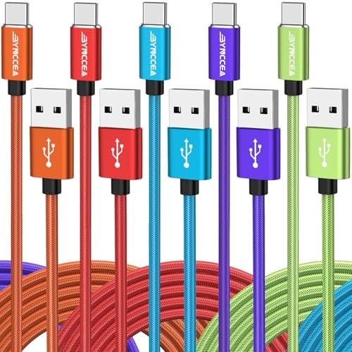 Bynccea 5 Pack USB C Cable 10ft Type C Red/Blue/Purple/Orange/Light Green*10ft gallery