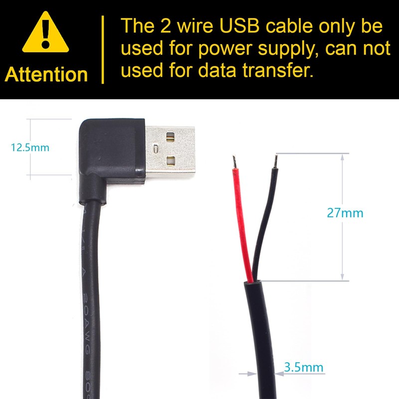 3 PCS 90 Degree USB 2.0 Male Plug 2 Pin Bare Wire Pigtail Cable 3.3 FT 5V 5A gallery
