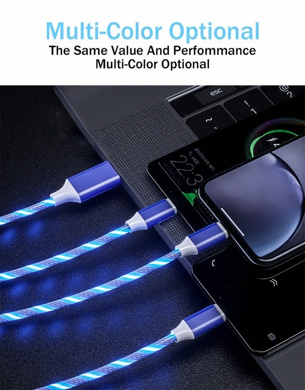 3PCS 3 in 1 LED Light Fast Charging Charger Cable USB For iPhone Android Type C gallery
