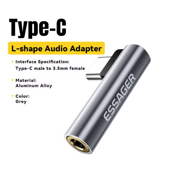Essager L-shape Type-C to 3.5mm Jack Audio Adapter for iPhone 16 15 Samsung
