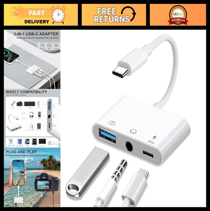 3-in-1 USB C Adapter, OTG & 3.5mm Audio, 60W PD Fast Charging, Compatible with i