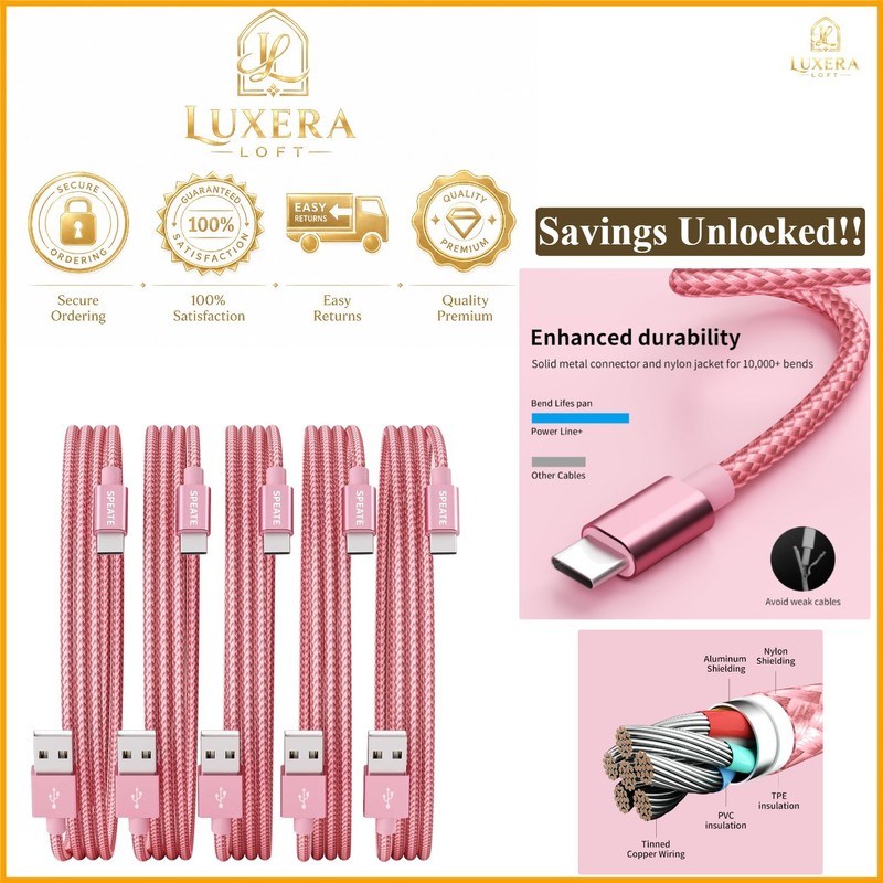 5-Pack USB C Cable Set 3/6/10FT Fast Charging Nylon Pink for Phone, iPad, Gal...