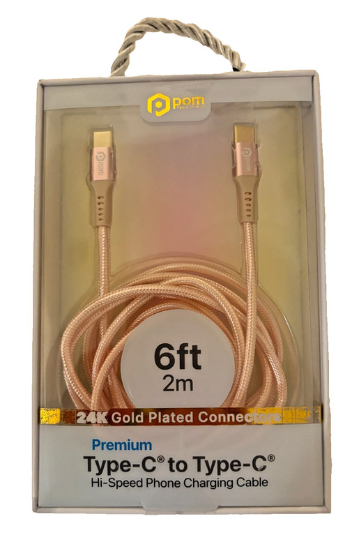 POM Premium USB-C to USB-C Charging Cable 6ft 2m Braided Fast Charge Gold Tip
