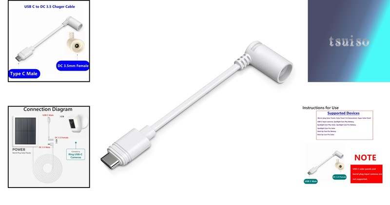 White USB-C Barrel Plug Adapter for Ring Solar Panels & Cameras - Fast Charge gallery