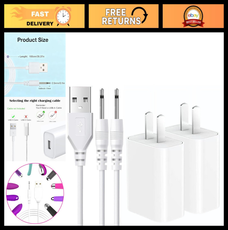 2 Pack 5V 2A USB A to DC 2.5mm Fast Charging Cable for Massagers, Toys & Devices