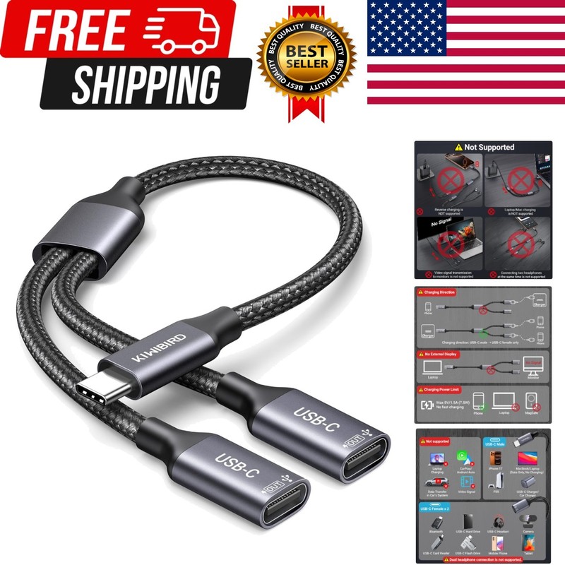 USB C Splitter 1 in 2 Out Charging, USBC Power Data Splitter Extension Y Cabl…