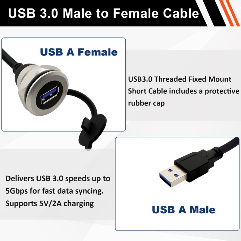 USB3.0 Threaded Fixed Mount Cable Al Shell USB A Male to Female Embedded Moun... gallery