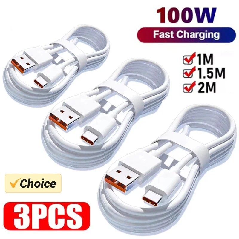3PCS USB to USB-C Fast Charging Cable 5A Data Sync Cord White