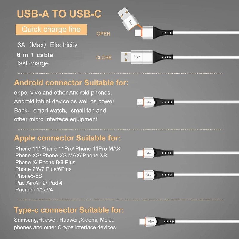 6 in 1 USB A to USB C Multi 4 in 1 Dual Phone Type C Micro Port Charger Cord gallery