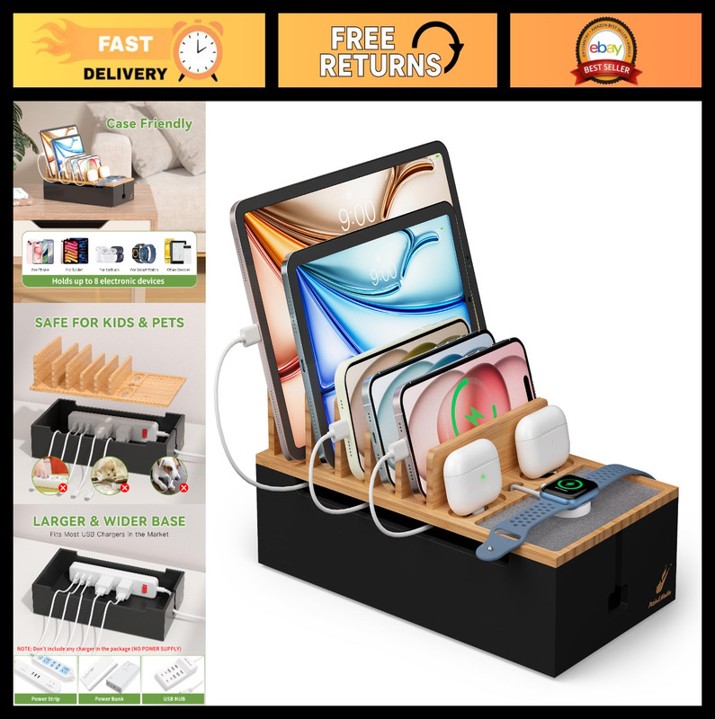 Cord Organizer Box & Surge Protector Station for Phones & Tablets – Wood Dock +