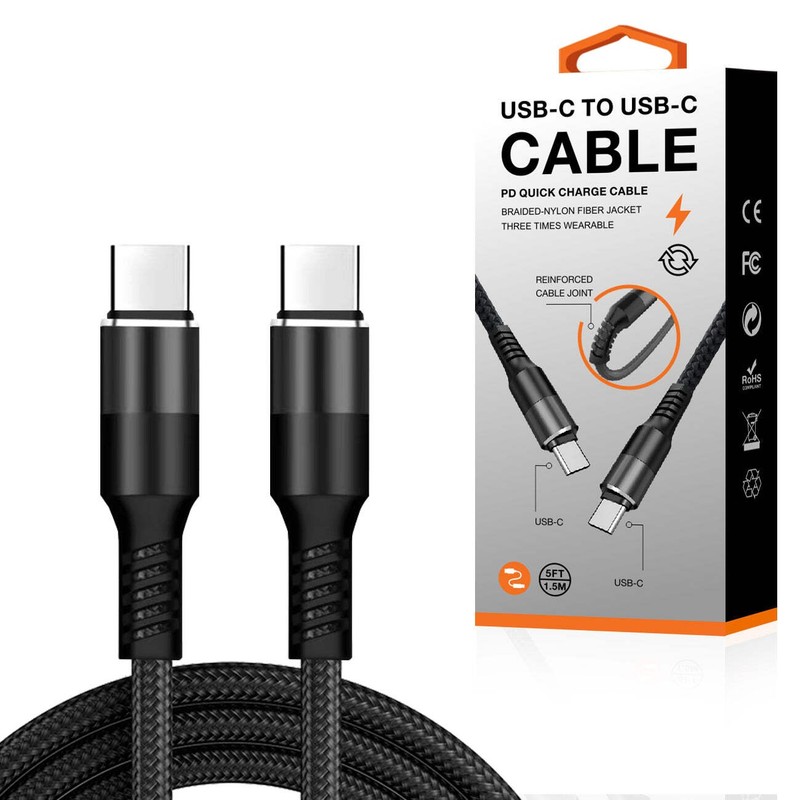 Reiko Power Delivery USB-C to C Fast Charging & Sync Nylon- Braided 5Ft Cable in