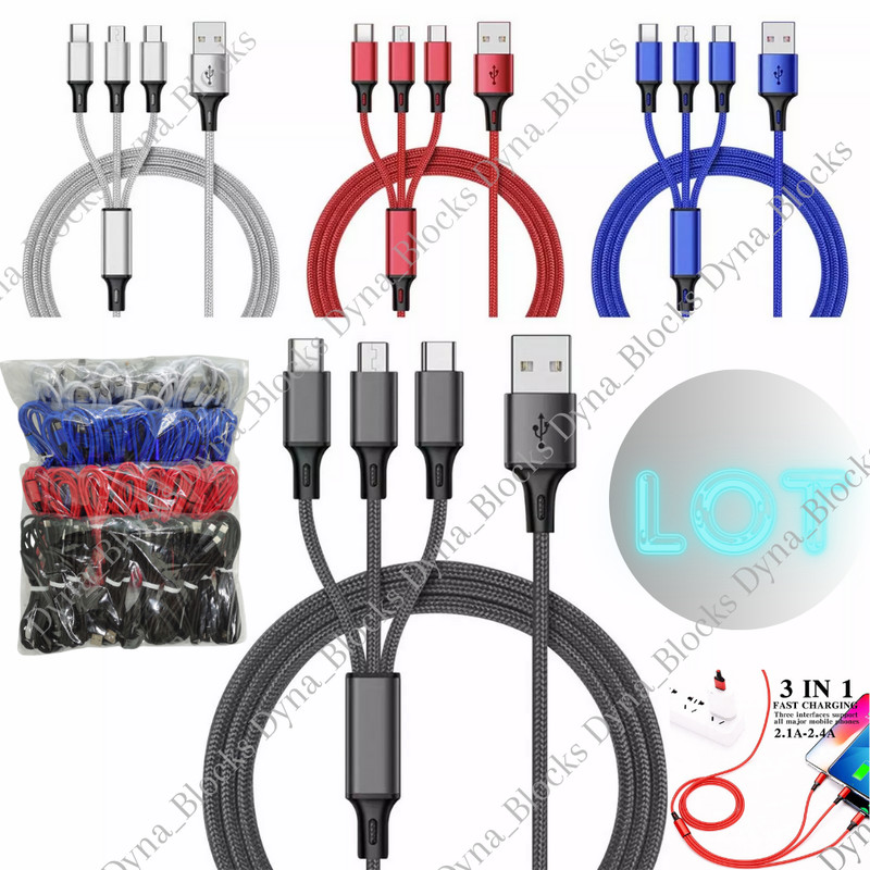 Lot 3A Fast USB Charging Cable 3 In 1 Charger Cord For iPhone USB-C Micro USB